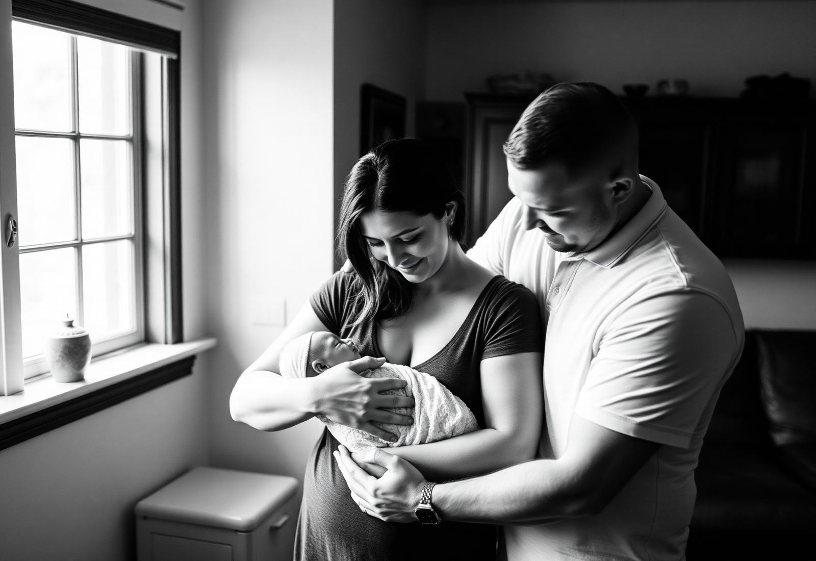 Family with newborn at home